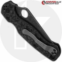 Spyderco Knives MODIFIED Spyderco Para Military 2 Knife With Acid Stonewash Blade + KP Damascus Pattern Carbon Fiber Scales + KP All Black Hardware -Case Knives Shop KP C81 3 BLACK CLOSED BACK LOGO