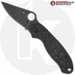 Spyderco Knives MODIFIED Spyderco Para 3 Knife With Acid Stonewash Blade + KP Damascus Pattern Carbon Fiber Scales + All Black Hardware