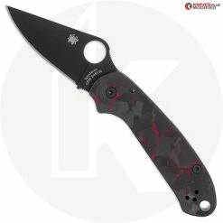 Spyderco Knives MODIFIED Spyderco Para 3 Black DLC Knife + KP SKINNY Red Shred Carbon Fiber Scales